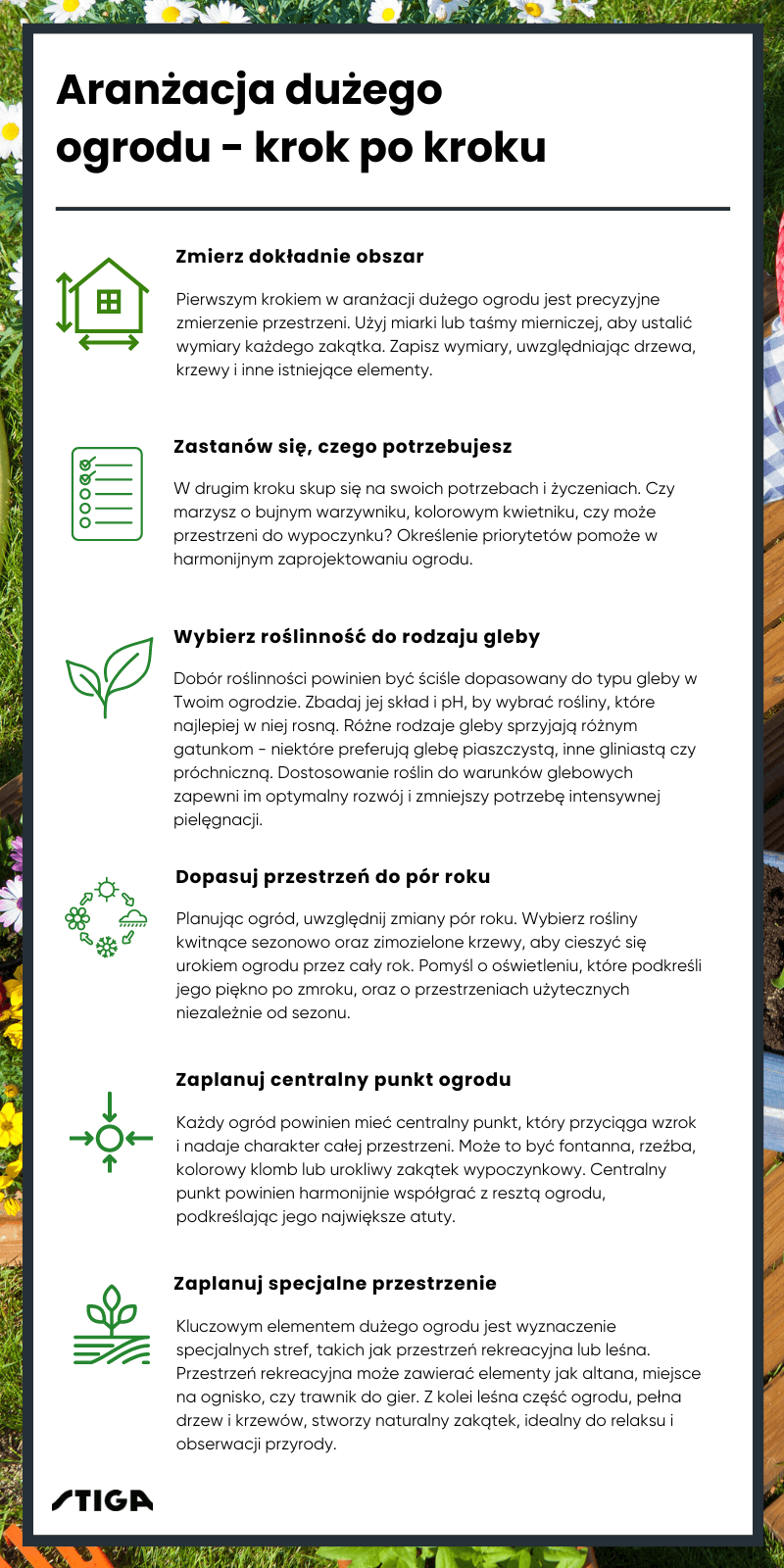 Infografika przedstawiająca, jak zaaranżować duży ogród krok po kroku